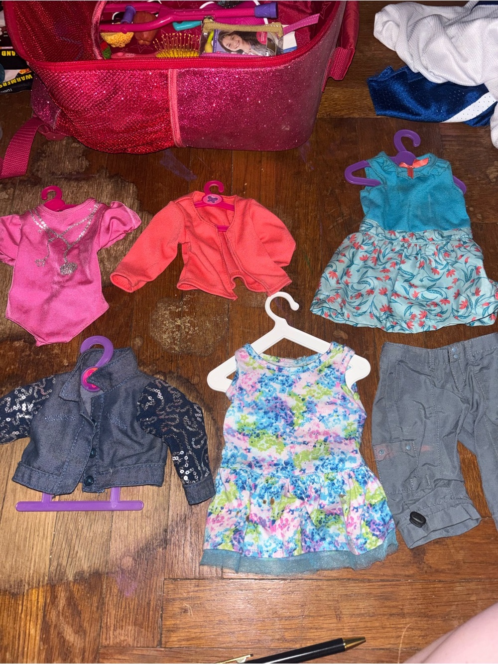 Kids Doll Outfit Set - Multicolor Floral Dress & Mixed Tops. 6 clothes & hangers